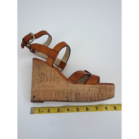 Coach Tan Leather Cork Wedge Sandals With Gold Details Size 8 - Picture 9 of 12